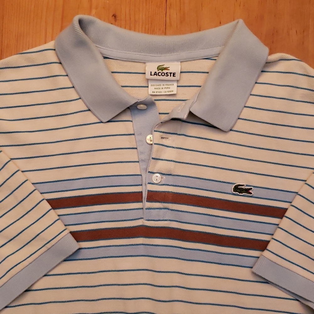 Lacoste Size 8 White/Blue/Brown Polo Shirt - Picture 2 of 4